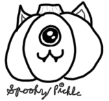 A line drawing of a pumpkin with cat ears and a cat mouth. It also has one big eye. Beneath the pumpkin, there are the words Spooky Pickle