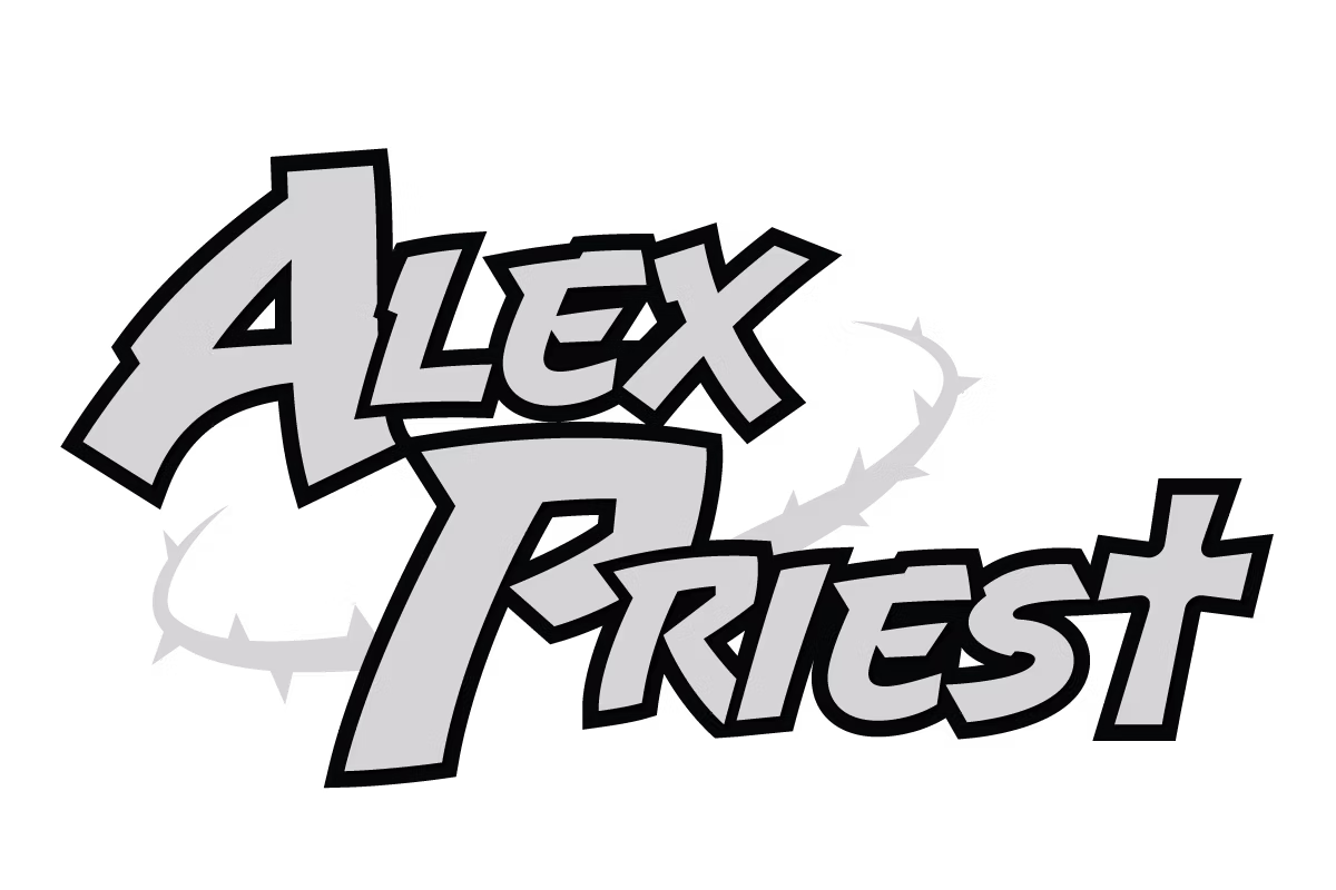 Giant "Alex Priest" in blocky font with thorns behind it.